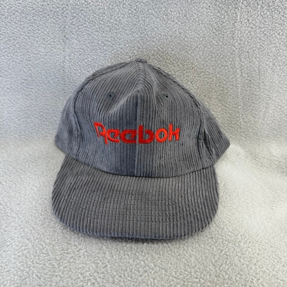 Vintage Reebok Hat Mens OSFA Gray Red Corduroy Zipper back Embroidered 90s